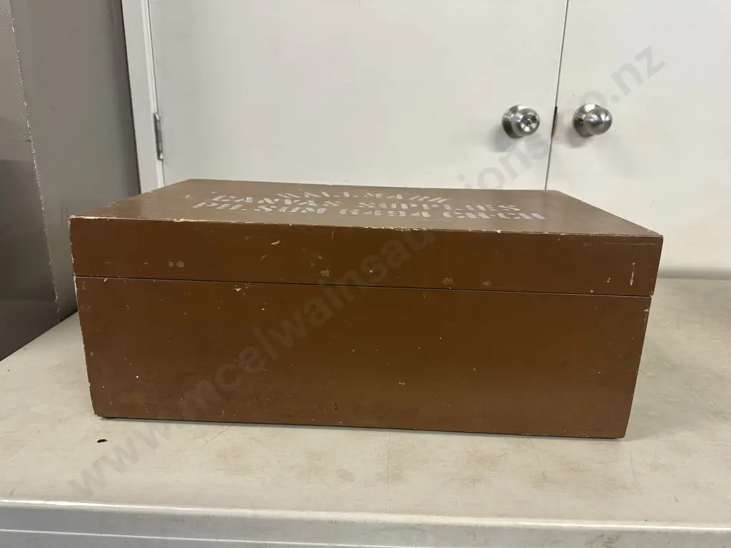 Vintage Wooden Storage Box Stenciled Text Hallmark Canvas Supplies H22 W57 D33cm. Image 1++