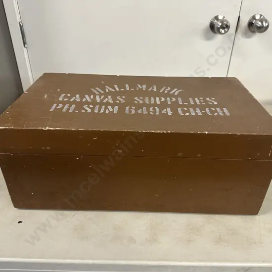 Vintage Wooden Storage Box Stenciled Text Hallmark Canvas Supplies H22 W57 D33cm.