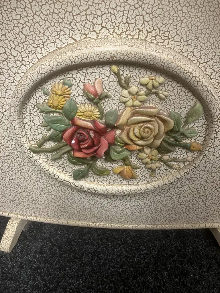 Vintage Curved Fireside Screen With Cream Crackle Finish & Raised Floral Details. 64 x 74cm Image 1++