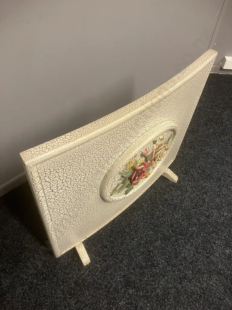 Vintage Curved Fireside Screen With Cream Crackle Finish & Raised Floral Details. 64 x 74cm Image 1++