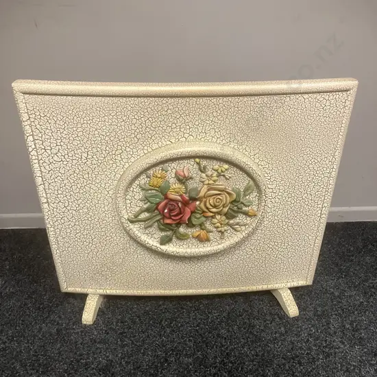 Vintage Curved Fireside Screen With Cream Crackle Finish & Raised Floral Details. 64 x 74cm