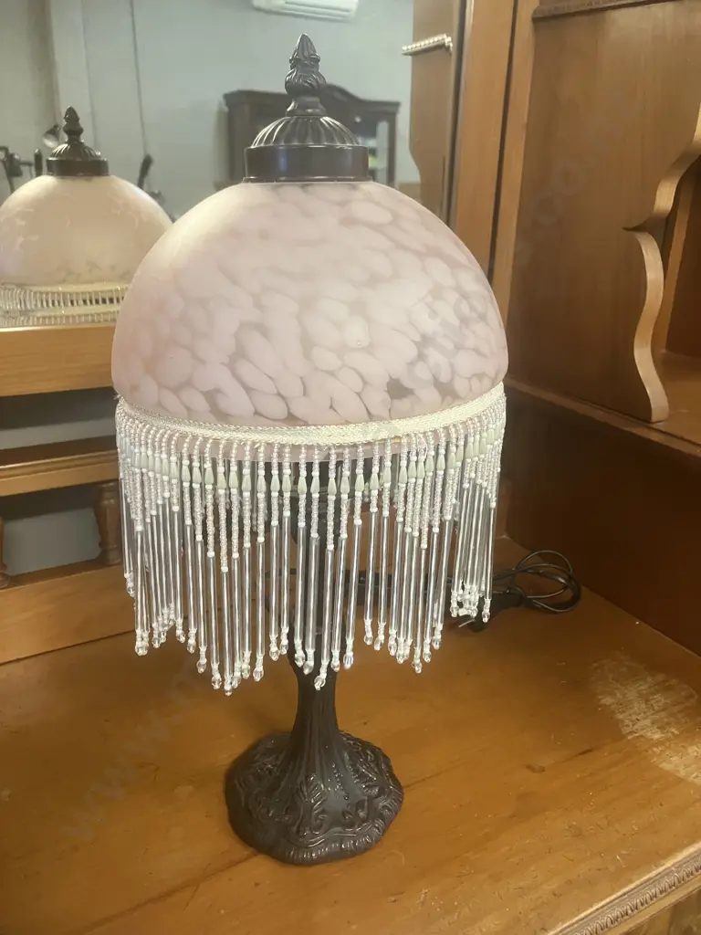 Vintage Victorian Boudoir Table Lamp With Pink Frosted Glass Shade & Beading. 44cm Image 1++