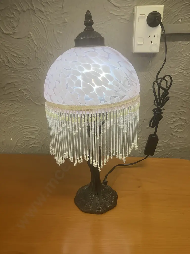 Vintage Victorian Boudoir Table Lamp With Pink Frosted Glass Shade & Beading. 44cm Image 1++