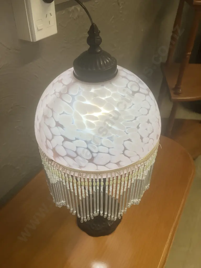 Vintage Victorian Boudoir Table Lamp With Pink Frosted Glass Shade & Beading. 44cm Image 1++