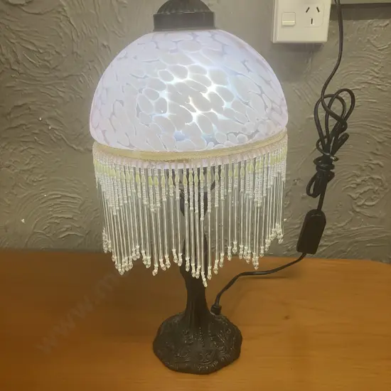 Vintage Victorian Boudoir Table Lamp With Pink Frosted Glass Shade & Beading. 44cm
