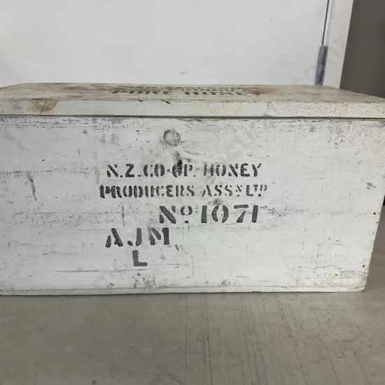 Vintage Wooden Storage Box Stenciled Text Branded For New Zealand Pure Honey Producers H26 W50 D23cm.