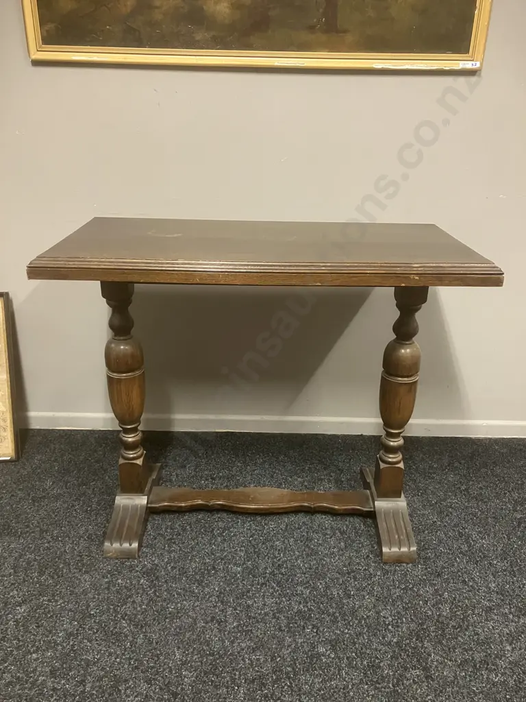 Antique Oak Consul Table With Large Turned Legs & Low Cross Stretcher. H77 W92 D46cm Image 1++