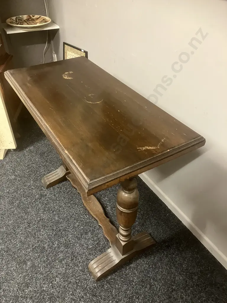 Antique Oak Consul Table With Large Turned Legs & Low Cross Stretcher. H77 W92 D46cm Image 1++