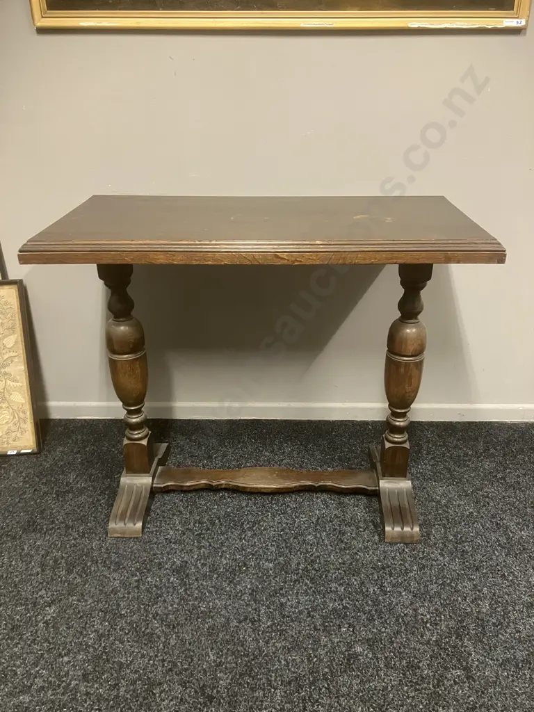Antique Oak Consul Table With Large Turned Legs & Low Cross Stretcher. H77 W92 D46cm Image 1++