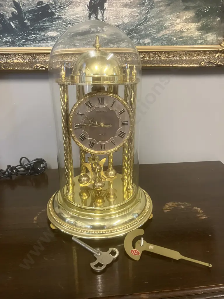 Nisshin Master Japan 400 Day Anniversary Glass Dome Mantle Clock with Key. H36cm (AF) Image 1++