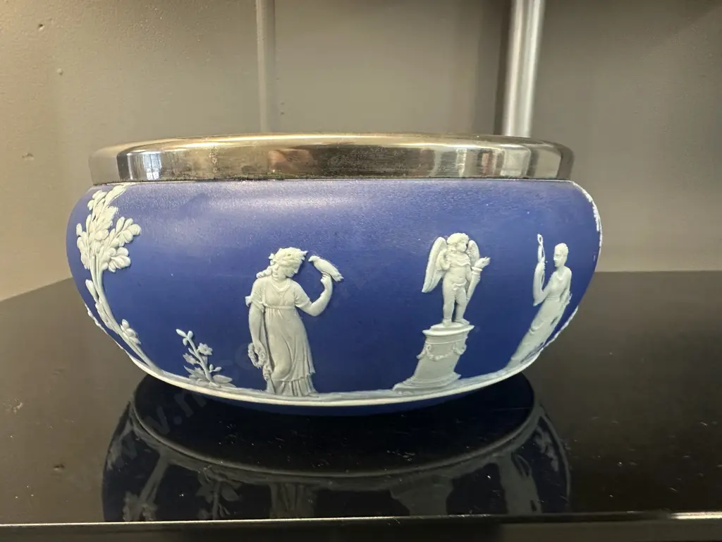 Vintage Wedgwood Blue Jasperware Large Bowl Silver Plated Rim Dia20cm. (as found) Image 1++