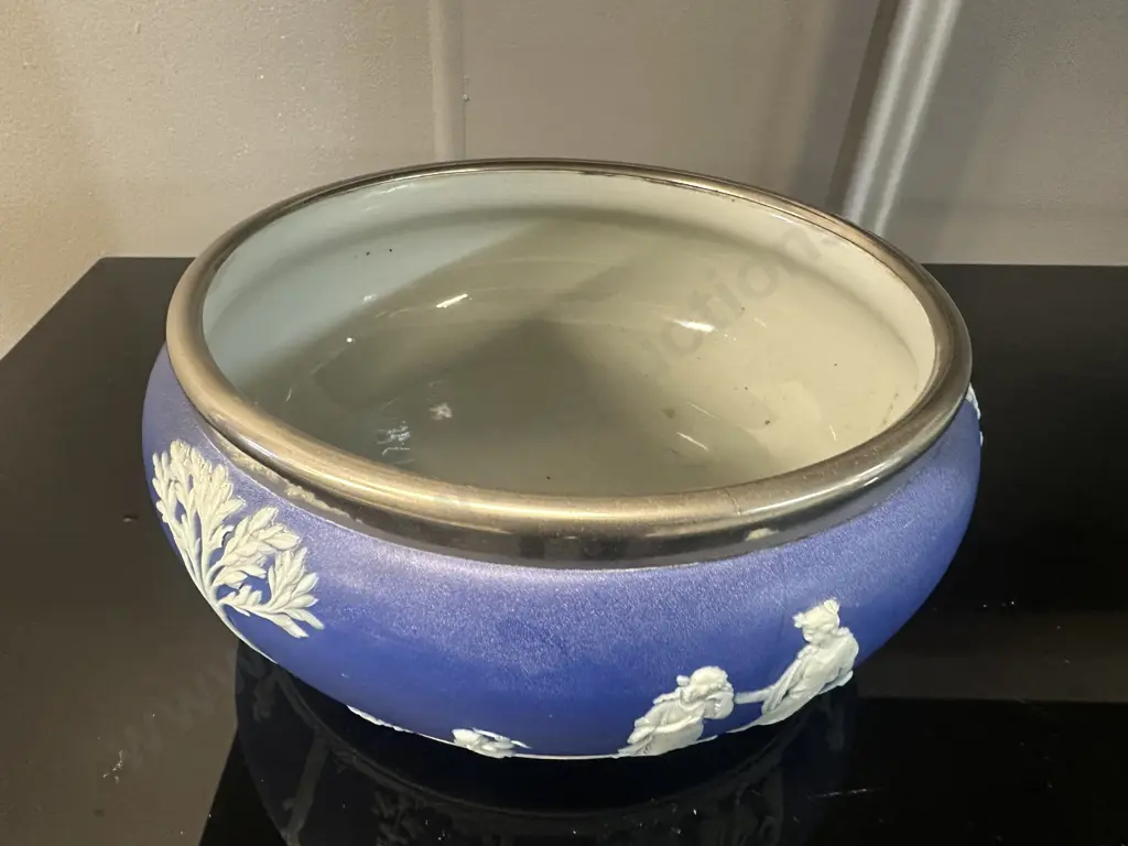 Vintage Wedgwood Blue Jasperware Large Bowl Silver Plated Rim Dia20cm. (as found) Image 1++
