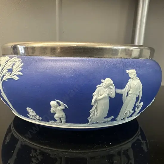 Vintage Wedgwood Blue Jasperware Large Bowl Silver Plated Rim Dia20cm. (as found)