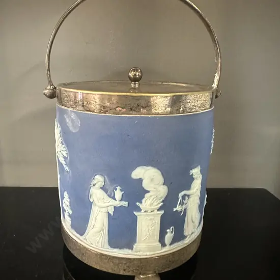 Vintage Wedgwood Jasperware Blue Biscuit Barrel Jar With Silver Plated Mounts
