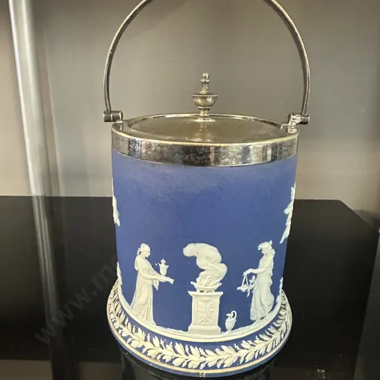 Vintage Wedgwood Jasperware Blue Biscuit Barrel Jar With Silver Plated Mounts