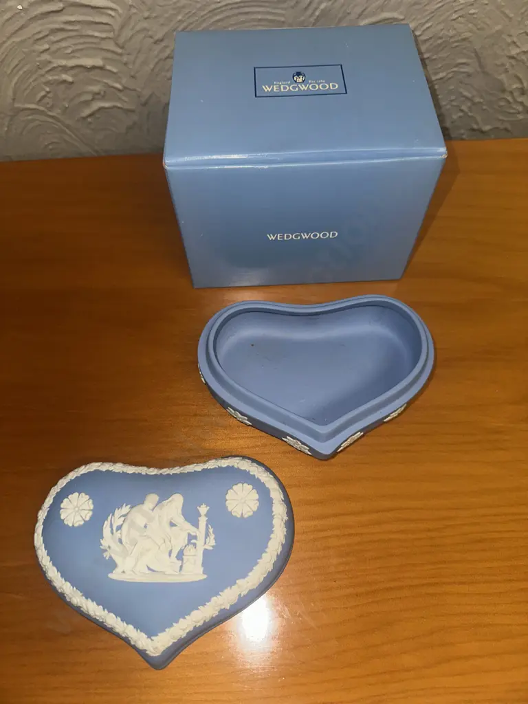 Vintage Wedgwood Blue Jasperware Heart Shaped Trinket Box Neo Classical Design With Box Image 1++