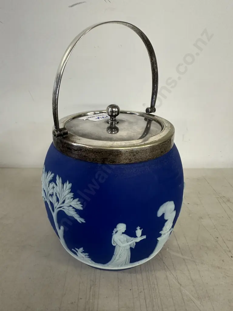 Vintage Wedgwood Blue Jasperware Barrel With Silver Plated Mounts Image 1++