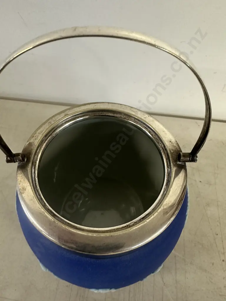 Vintage Wedgwood Blue Jasperware Barrel With Silver Plated Mounts Image 1++