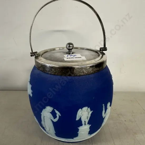 Vintage Wedgwood Blue Jasperware Barrel With Silver Plated Mounts