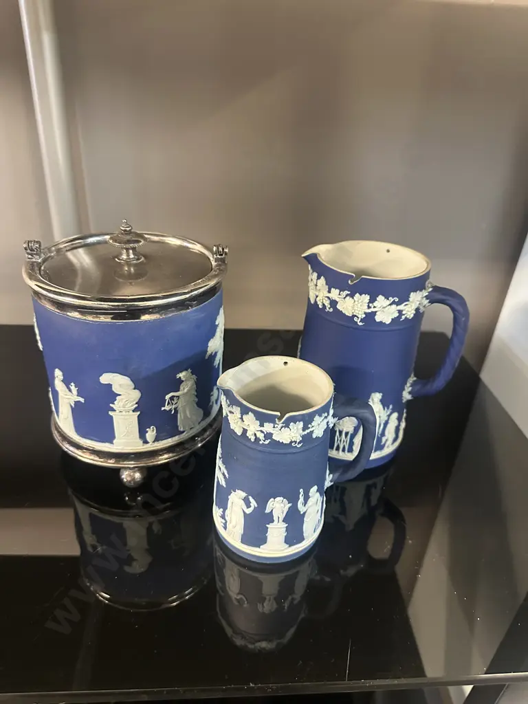 Vintage Wedgwood Jasperware Blue Biscuit Barrel Jar With Silver Plated Rim No Handle With Jugs x2 (as found) Image 1++