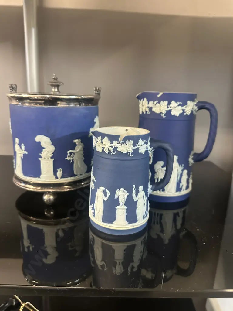Vintage Wedgwood Jasperware Blue Biscuit Barrel Jar With Silver Plated Rim No Handle With Jugs x2 (as found) Image 1++