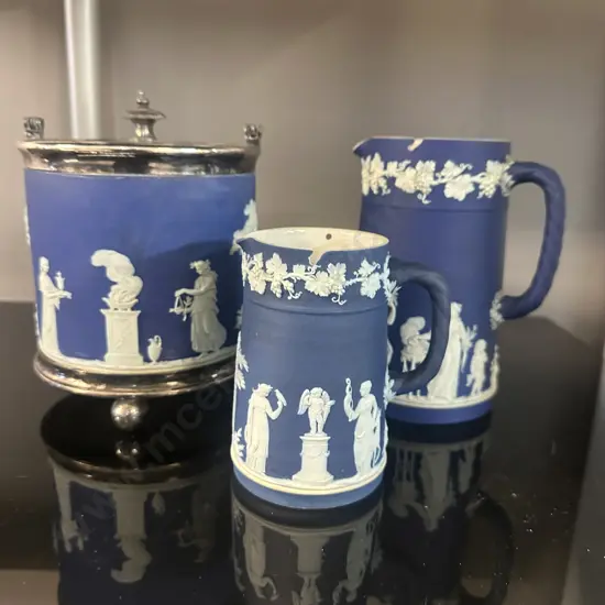 Vintage Wedgwood Jasperware Blue Biscuit Barrel Jar With Silver Plated Rim No Handle With Jugs x2 (as found)