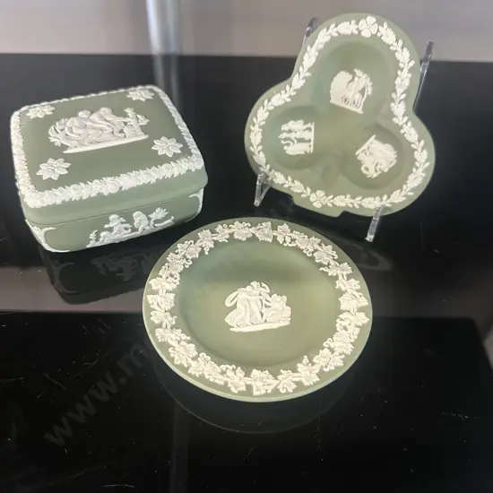 Vintage Sage Green Jasperware Lidded Trinket Box & Pin Dishes