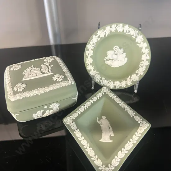 Vintage Sage Green Jasperware Lidded Trinket Box & Pin Dishes