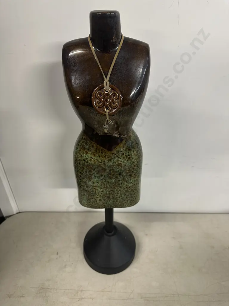 Decorative Glossy Brown & Speckled Green Ceramic Torso Sculpture H55cm. Image 1++