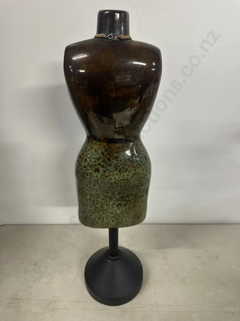 Decorative Glossy Brown & Speckled Green Ceramic Torso Sculpture H55cm. Image 1++