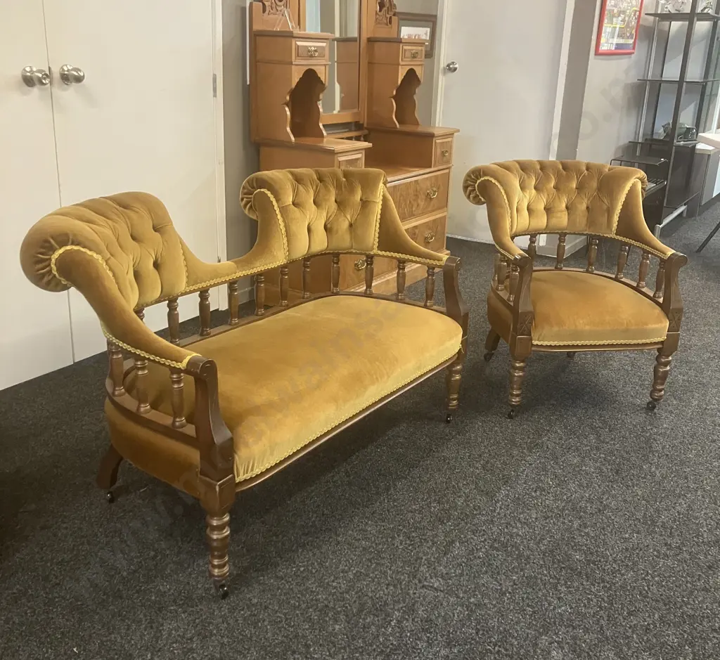 Antique Double-Ended Chaise & Tub Chair, Gold Draylon, Braided, Carved & Turned Supports, On Castors Image 1++
