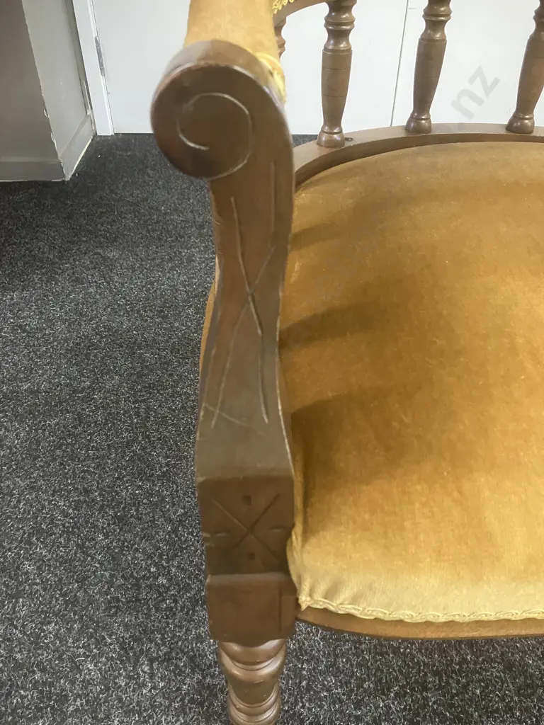 Antique Double-Ended Chaise & Tub Chair, Gold Draylon, Braided, Carved & Turned Supports, On Castors Image 1++