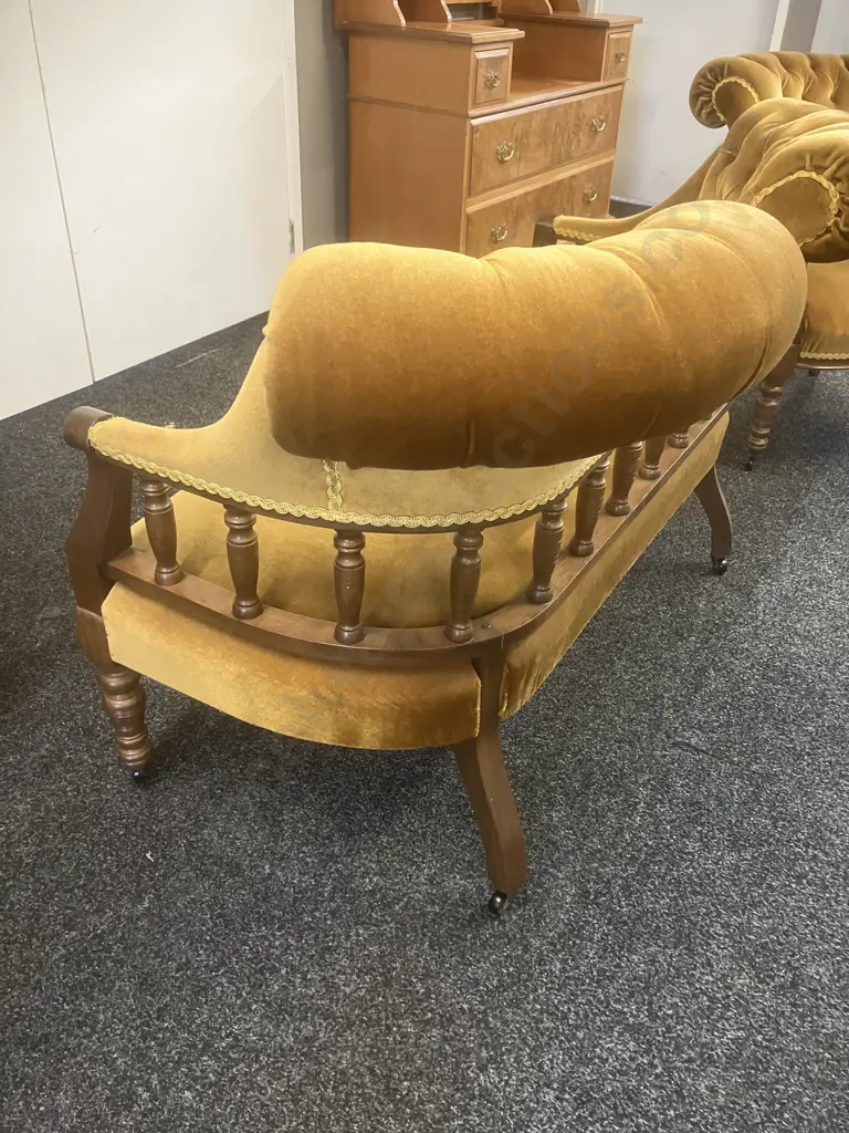 Antique Double-Ended Chaise & Tub Chair, Gold Draylon, Braided, Carved & Turned Supports, On Castors Image 1++