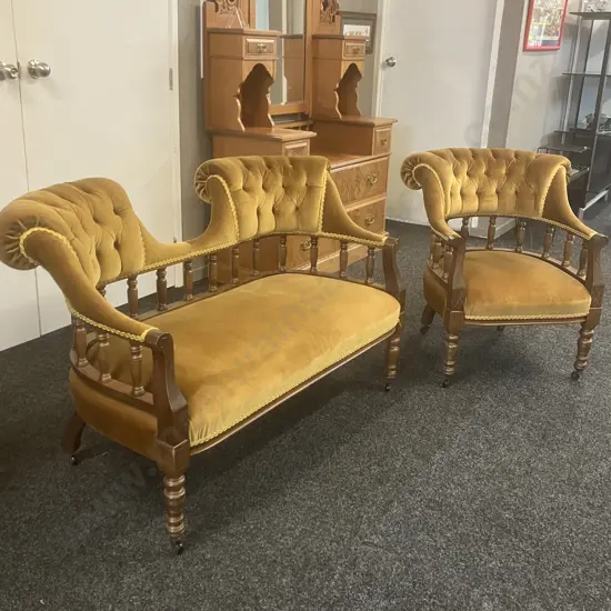 Antique Double-Ended Chaise & Tub Chair, Gold Draylon, Braided, Carved & Turned Supports, On Castors