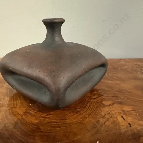 Vintage Brown Square Pottery Vase H10cm.