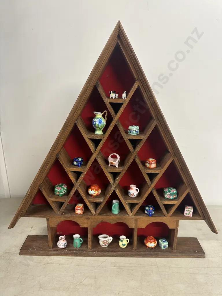 Vintage House Shaped Display Shelf With Red Velvet Backing & Miniature Trinkets H44 W43 D6cm. Image 1++