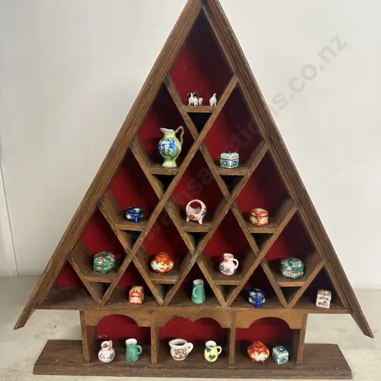 Vintage House Shaped Display Shelf With Red Velvet Backing & Miniature Trinkets H44 W43 D6cm.