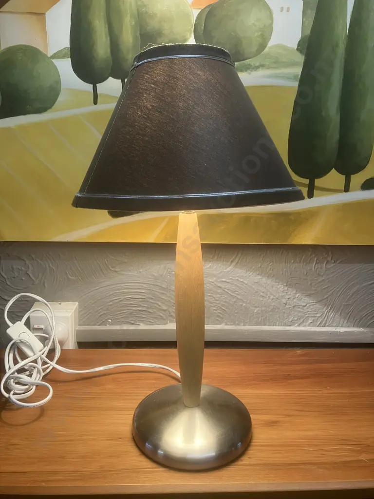 Wood & Brushed Chrome Table Lamp With Brown Shade. H46cm Image 1++