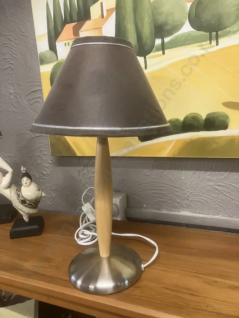 Wood & Brushed Chrome Table Lamp With Brown Shade. H46cm Image 1++