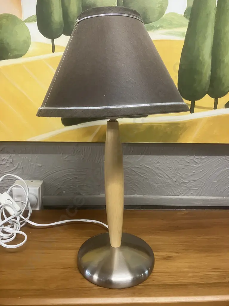 Wood & Brushed Chrome Table Lamp With Brown Shade. H46cm Image 1++