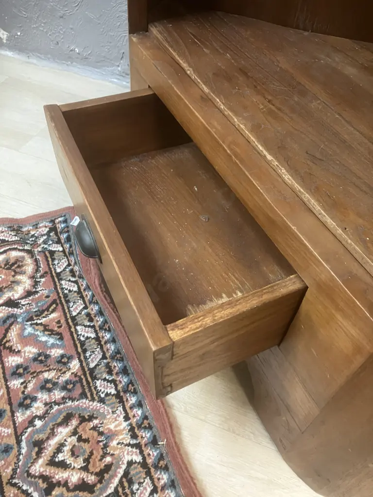 Solid Teak Corner Cabinet With Single Drawer In Base. H130 W89 D57cm Image 1++