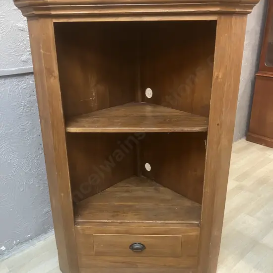 Solid Teak Corner Cabinet With Single Drawer In Base. H130 W89 D57cm