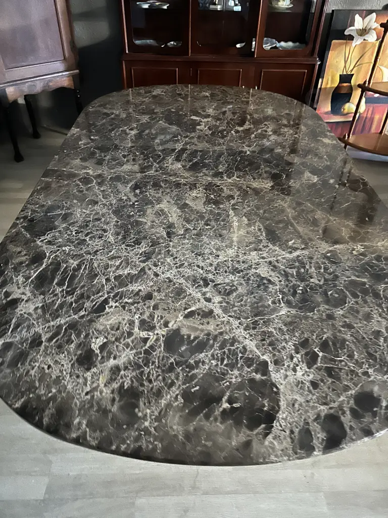 Brown Marble Top Dining Table With Cream Veining Supported By Wooden Base H67 L230 D130cm. Image 1++