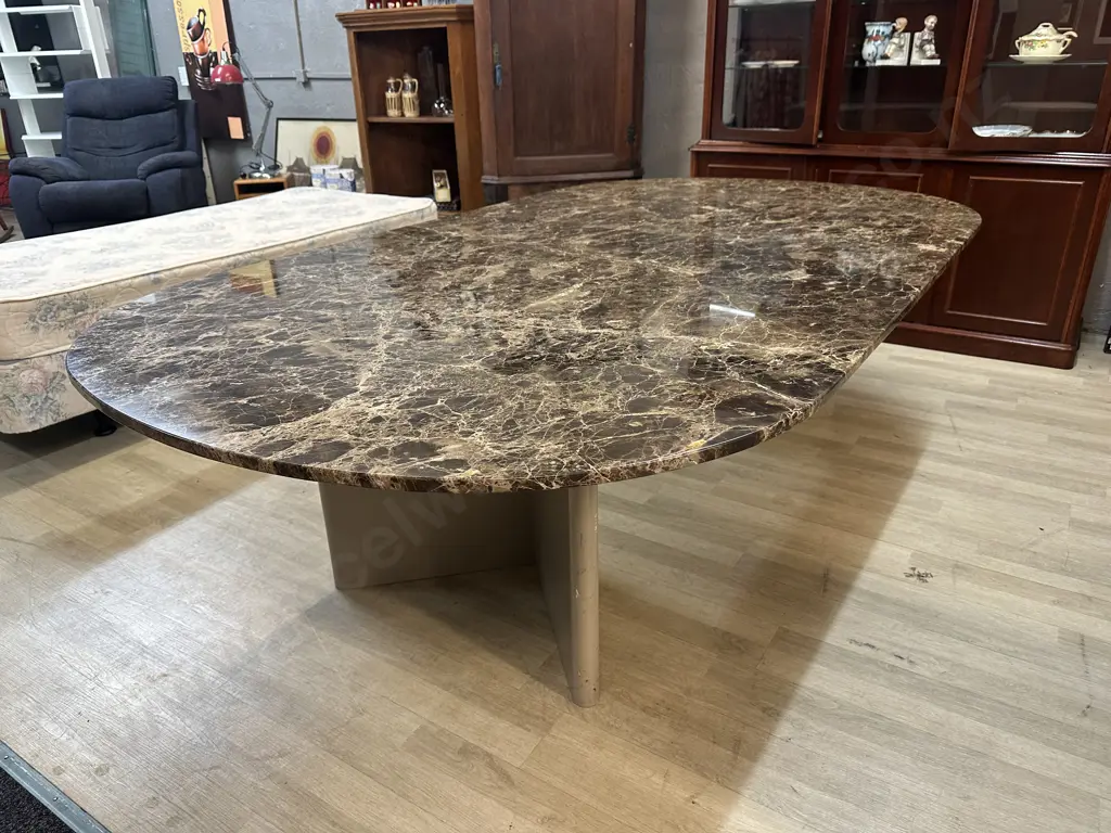 Brown Marble Top Dining Table With Cream Veining Supported By Wooden Base H67 L230 D130cm. Image 1++