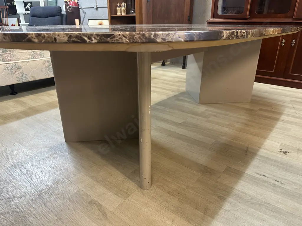 Brown Marble Top Dining Table With Cream Veining Supported By Wooden Base H67 L230 D130cm. Image 1++