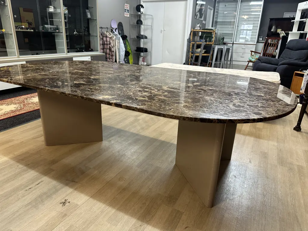 Brown Marble Top Dining Table With Cream Veining Supported By Wooden Base H67 L230 D130cm. Image 1++