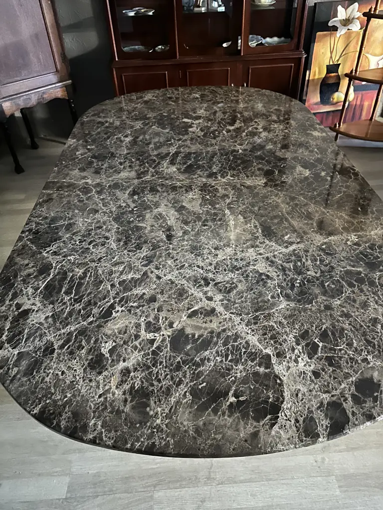 Brown Marble Top Dining Table With Cream Veining Supported By Wooden Base H67 L230 D130cm. Image 1++