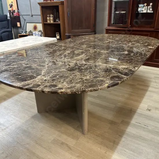 Brown Marble Top Dining Table With Cream Veining Supported By Wooden Base H67 L230 D130cm.