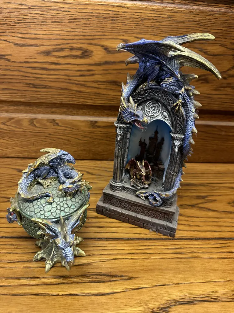 Resin Dragon Figurine & Castle With Dragon Lidded Dish Image 1++