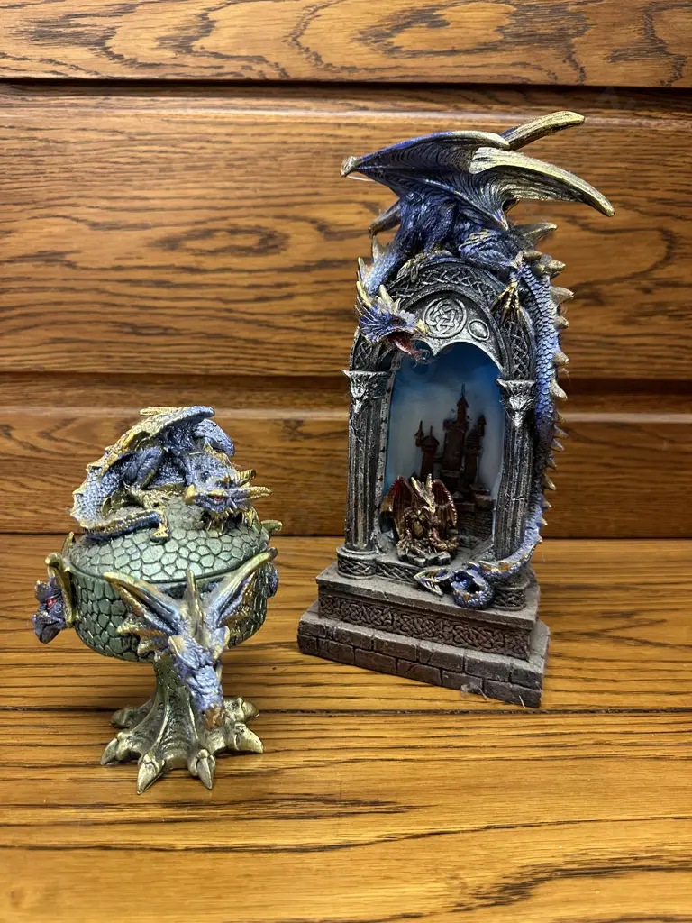 Resin Dragon Figurine & Castle With Dragon Lidded Dish Image 1++